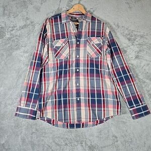 American Rag Shirt Mens Large Red Blue Tartan Plaid Button Up Long Sleeve Casual